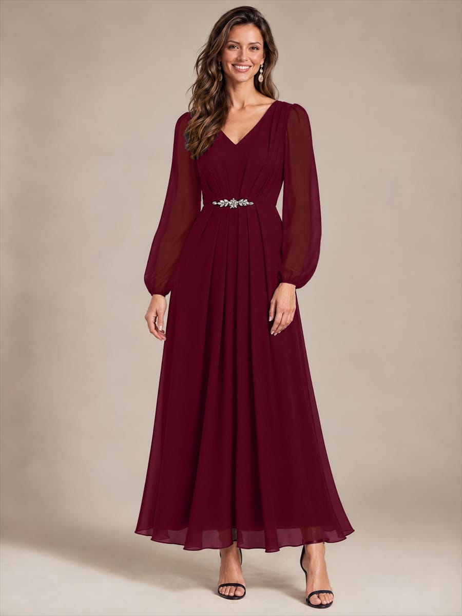 Chiffon Maxi Length V-neckline dress for the mother of the bride #color_Burgundy