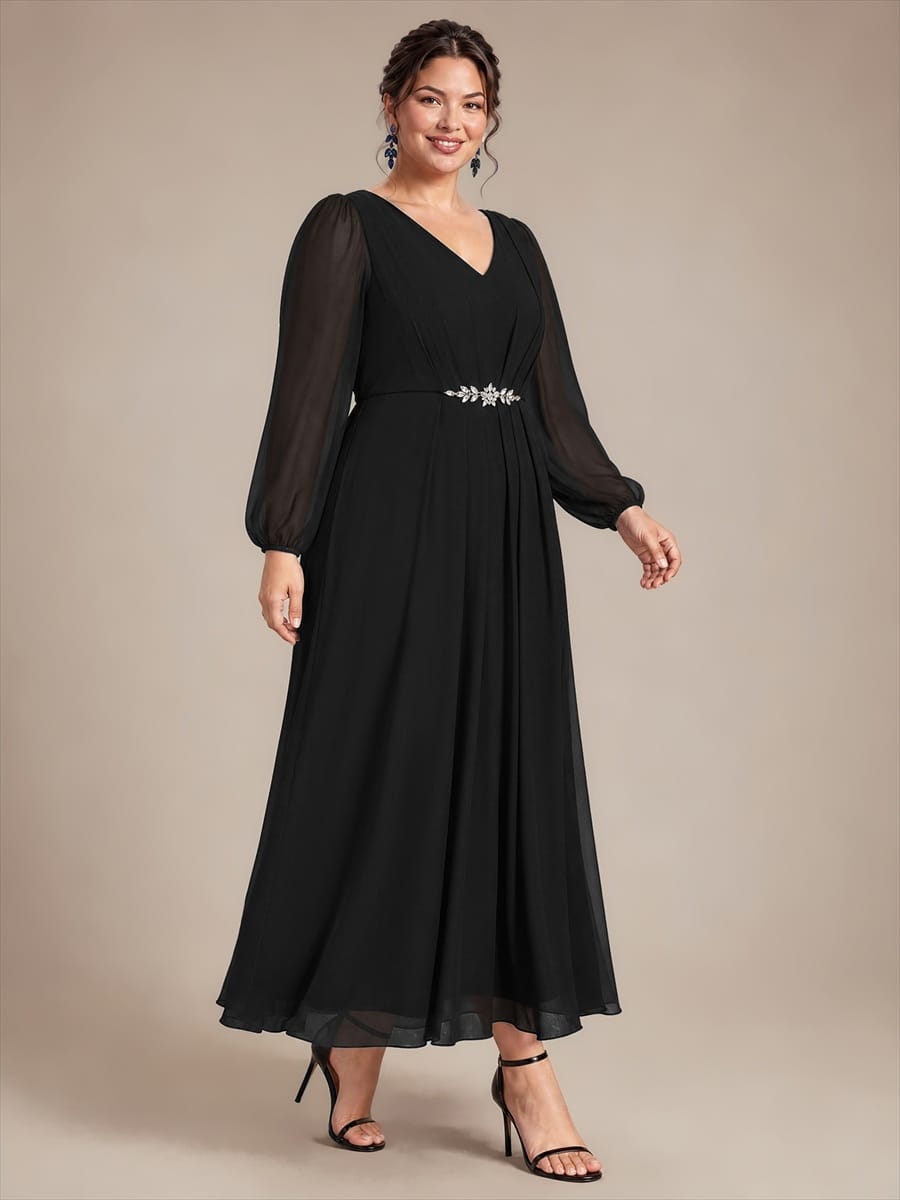 Chiffon Maxi Length V-neckline dress for the mother of the bride #color_Black