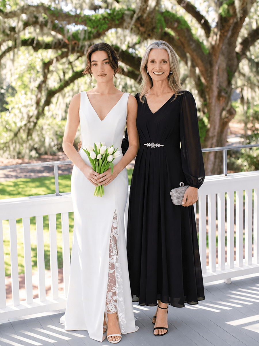 Chiffon Maxi Length V-neckline dress for the mother of the bride #color_Black