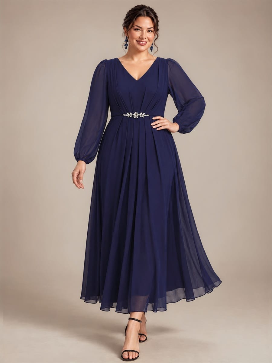 Chiffon Maxi Length V-neckline dress for the mother of the bride #color_Navy Blue