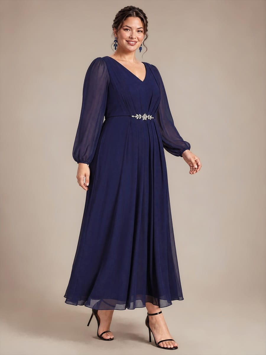 Chiffon Maxi Length V-neckline dress for the mother of the bride #color_Navy Blue