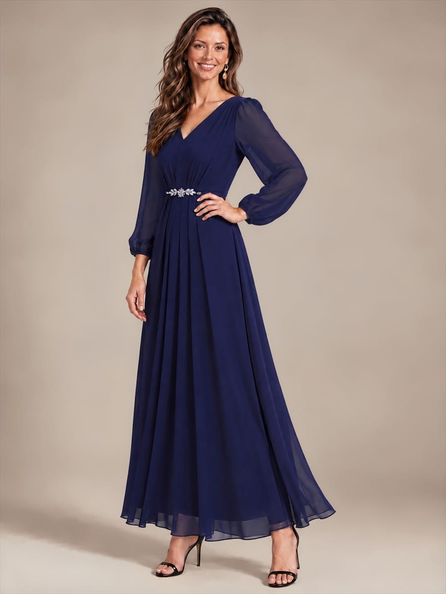 Chiffon Maxi Length V-neckline dress for the mother of the bride #color_Navy Blue