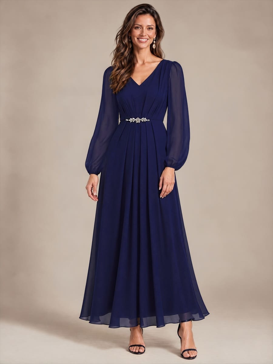 Chiffon Maxi Length V-neckline dress for the mother of the bride #color_Navy Blue