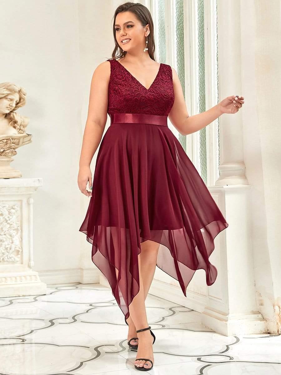 Custom Size Stunning V Neck Lace Chiffon Bridesmaid Dress #color_Burgundy