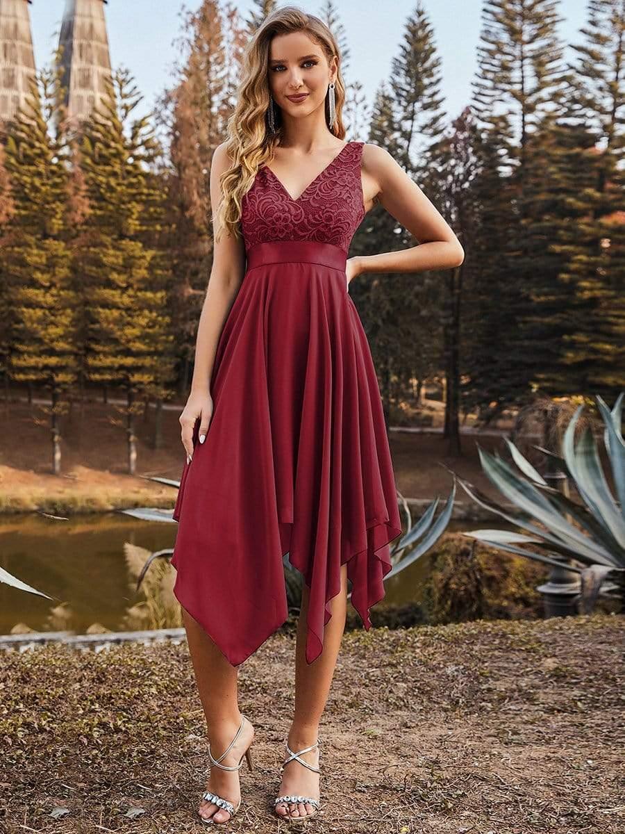 Stunning V Neck Lace Chiffon Bridesmaid Dress #color_Burgundy