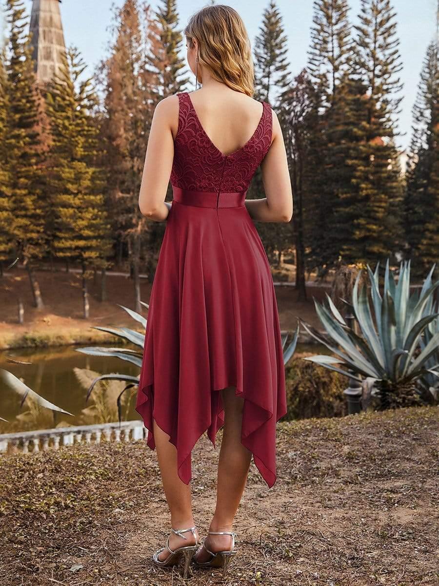 Stunning V Neck Lace Chiffon Bridesmaid Dress #color_Burgundy