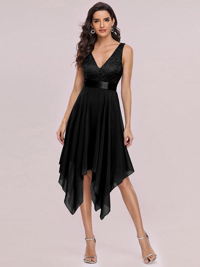 Stunning V Neck Lace Chiffon Bridesmaid Dress #color_Black