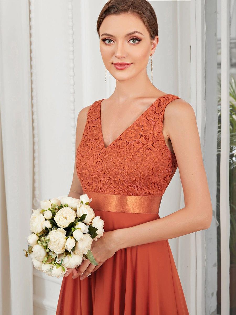 Custom Size Stunning V Neck Lace Chiffon Bridesmaid Dress #color_Burnt Orange