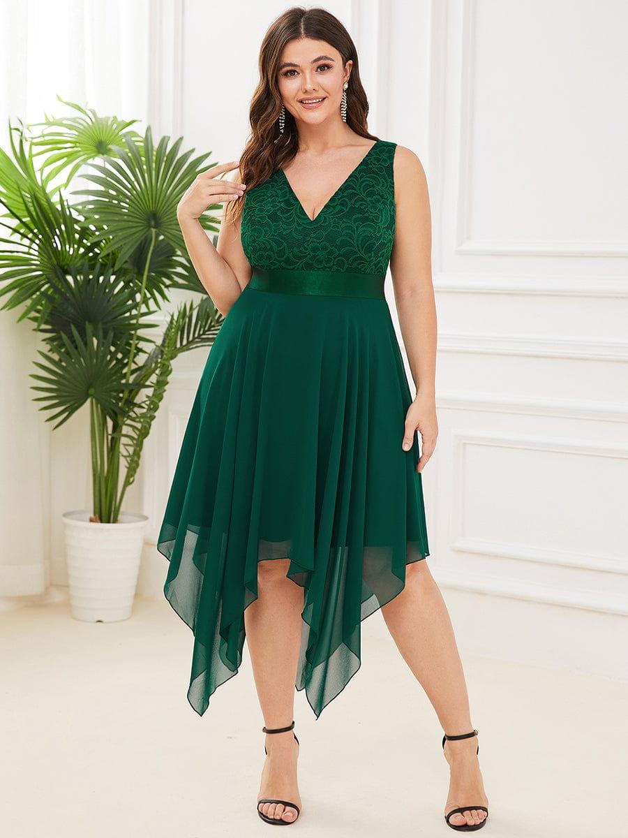 Custom Size Stunning V Neck Lace Chiffon Bridesmaid Dress #color_Dark Green