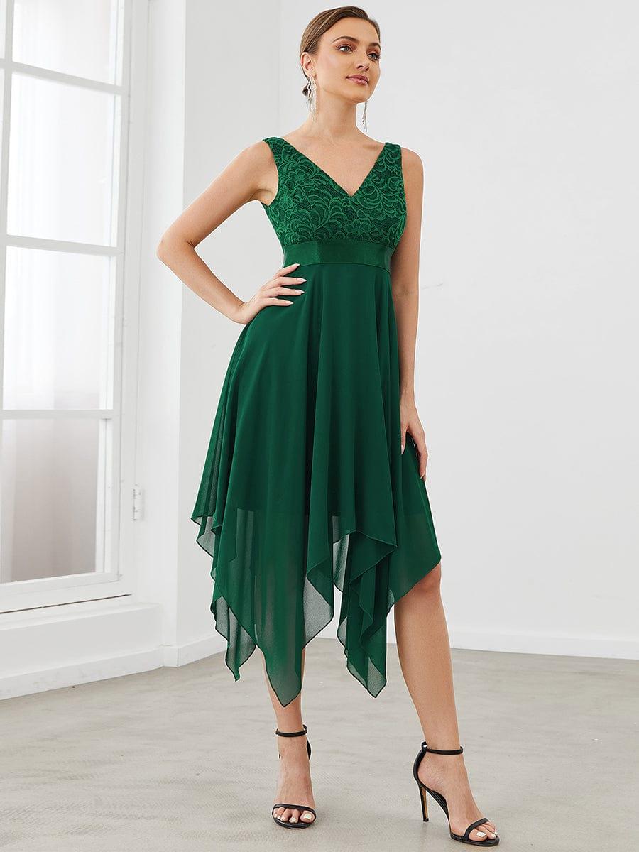 Custom Size Stunning V Neck Lace Chiffon Bridesmaid Dress #color_Dark Green
