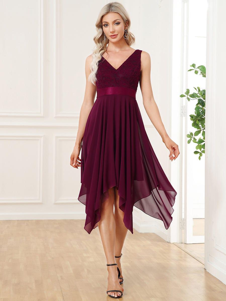 Custom Size Stunning V Neck Lace Chiffon Bridesmaid Dress #color_Mulberry