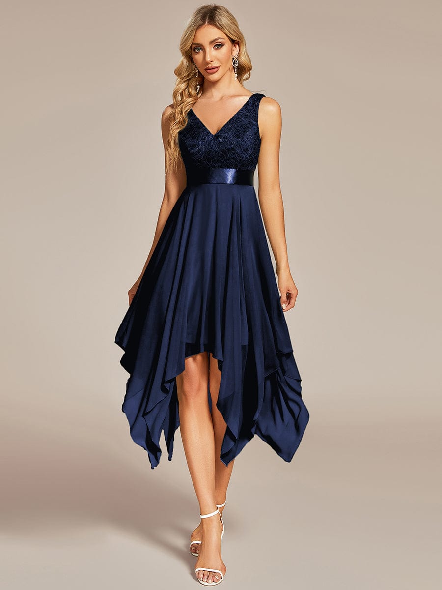Stunning V Neck Lace & Chiffon Prom Dress for Women #color_Navy Blue