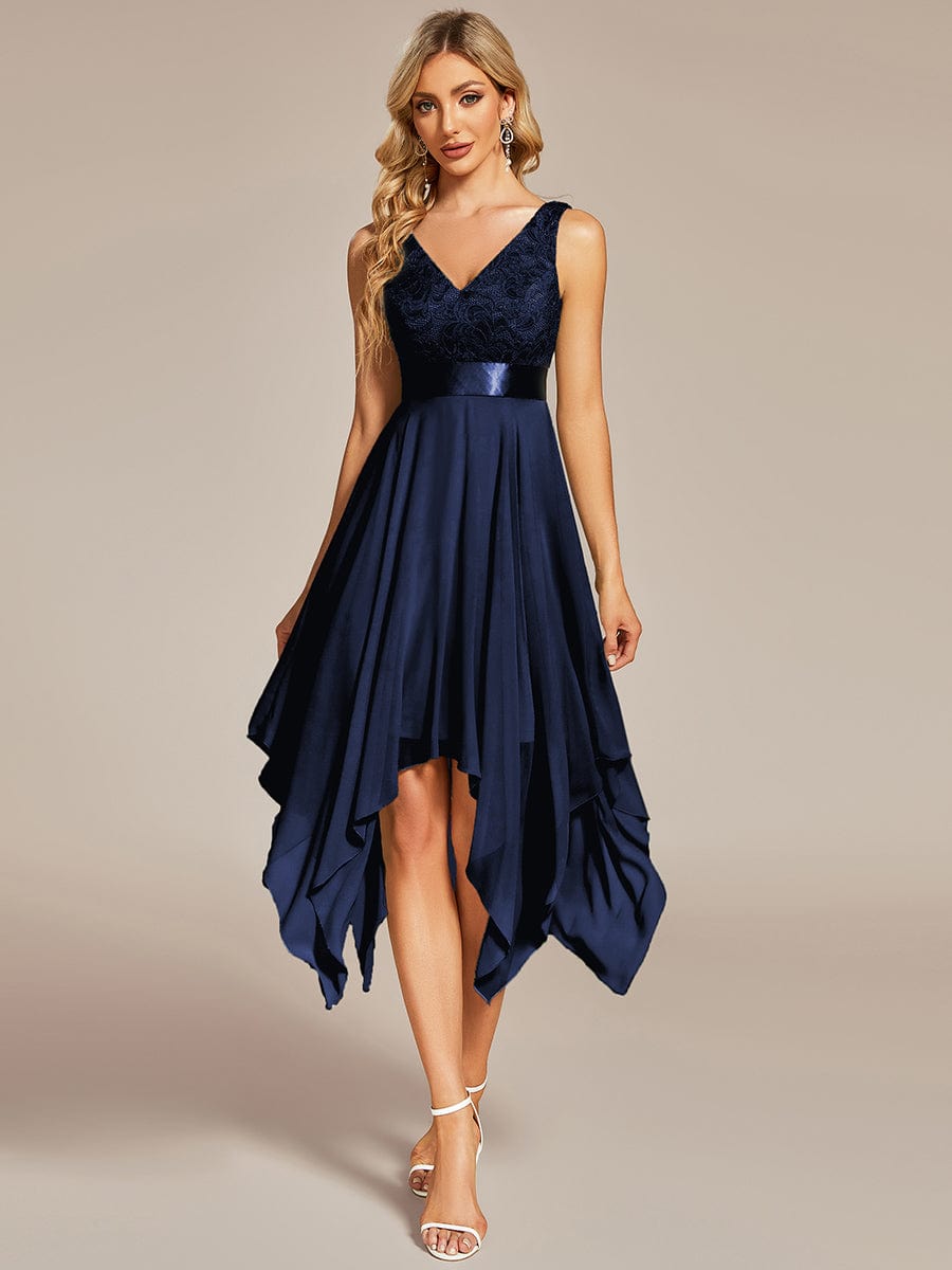 Custom Size Stunning V Neck Lace Chiffon Bridesmaid Dress #color_Navy Blue