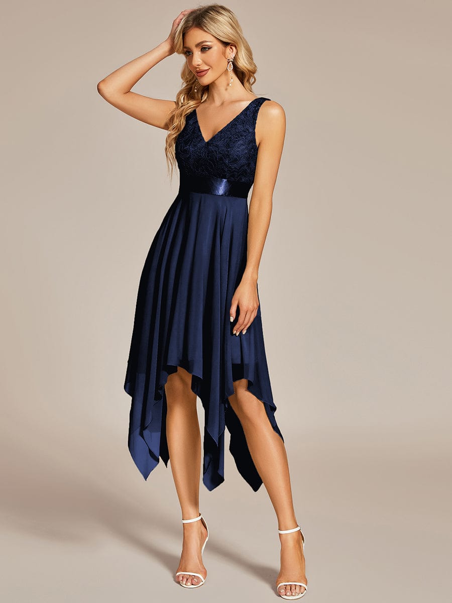 Custom Size Stunning V Neck Lace Chiffon Bridesmaid Dress #color_Navy Blue