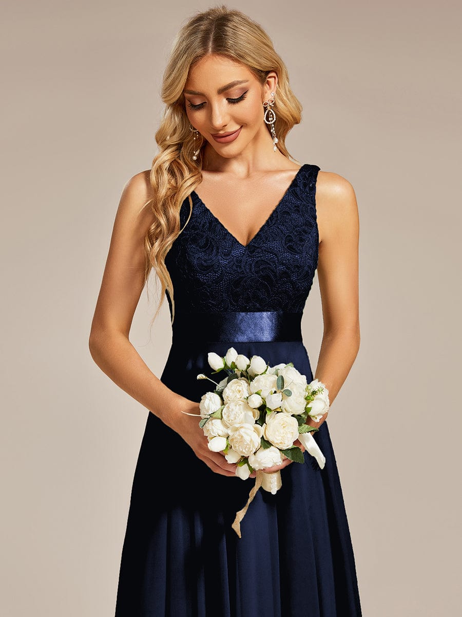 Custom Size Stunning V Neck Lace Chiffon Bridesmaid Dress #color_Navy Blue