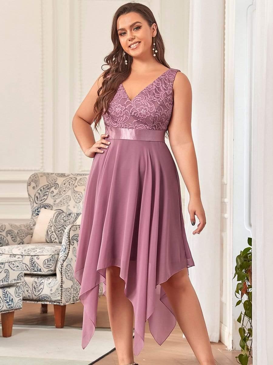 Custom Size Stunning V Neck Lace Chiffon Bridesmaid Dress #color_Purple Orchid