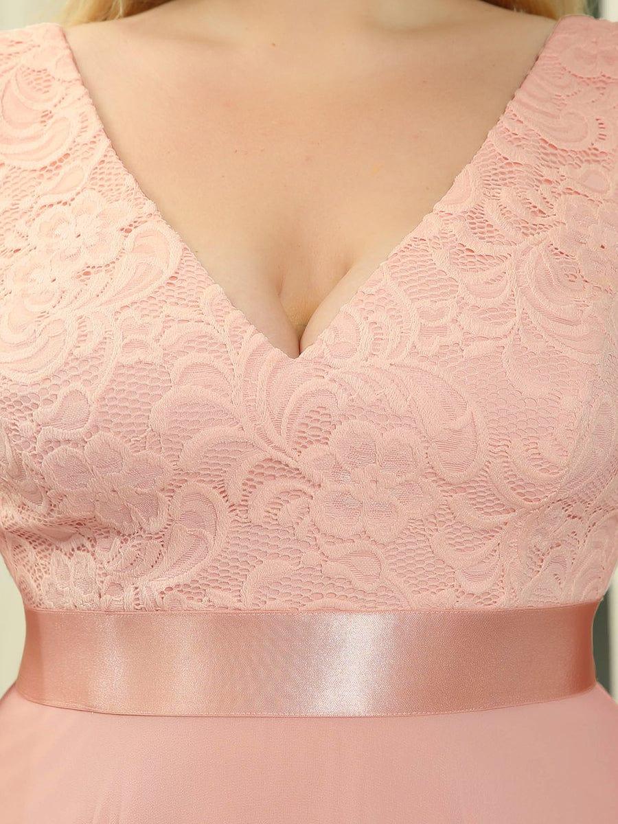 Custom Size Stunning V Neck Lace Chiffon Bridesmaid Dress #color_Pink