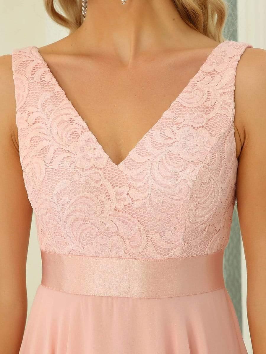 Custom Size Stunning V Neck Lace Chiffon Bridesmaid Dress #color_Pink