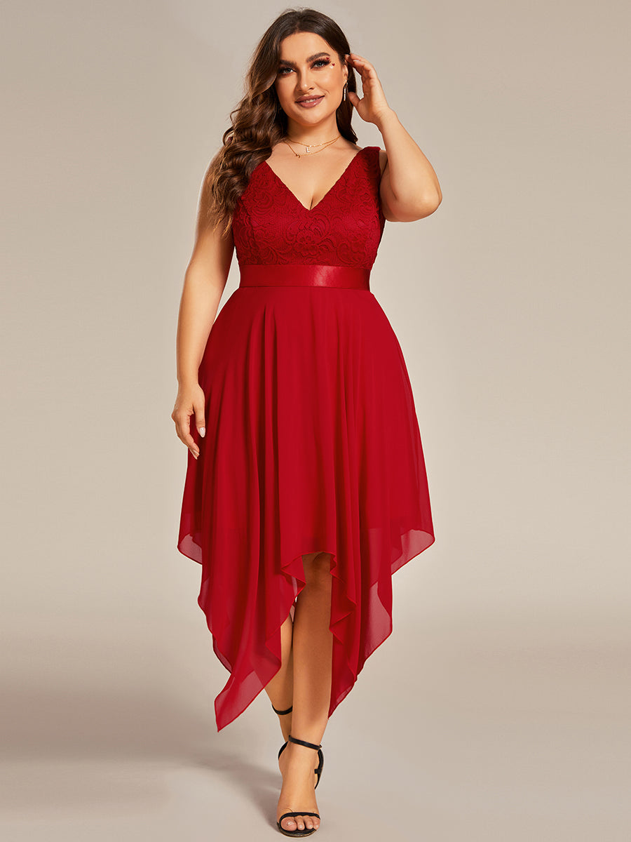 Plus Size Stunning V Neck Lace & Chiffon Prom Dress for Women #color_Dusty Blue