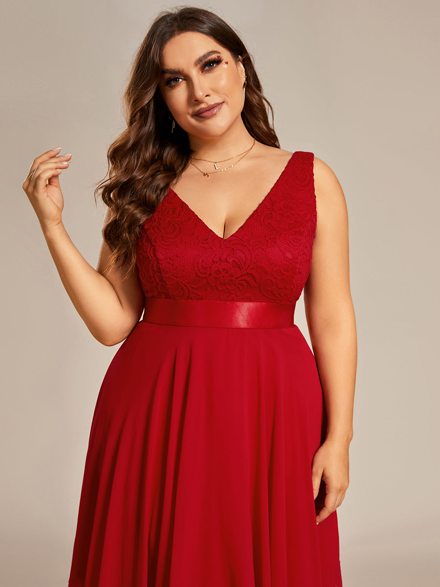 Plus Size Stunning V Neck Lace & Chiffon Prom Dress for Women #color_Dusty Blue