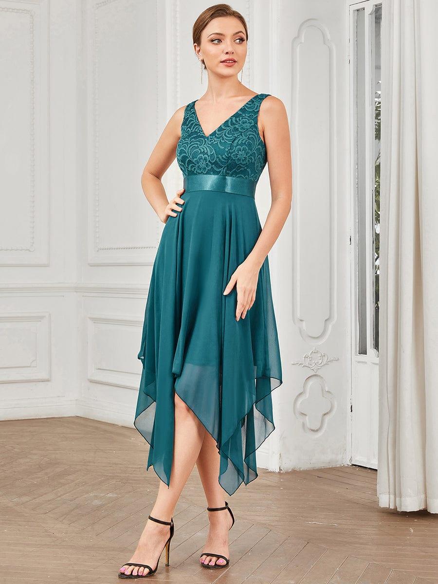 Custom Size Stunning V Neck Lace Chiffon Bridesmaid Dress #color_Teal