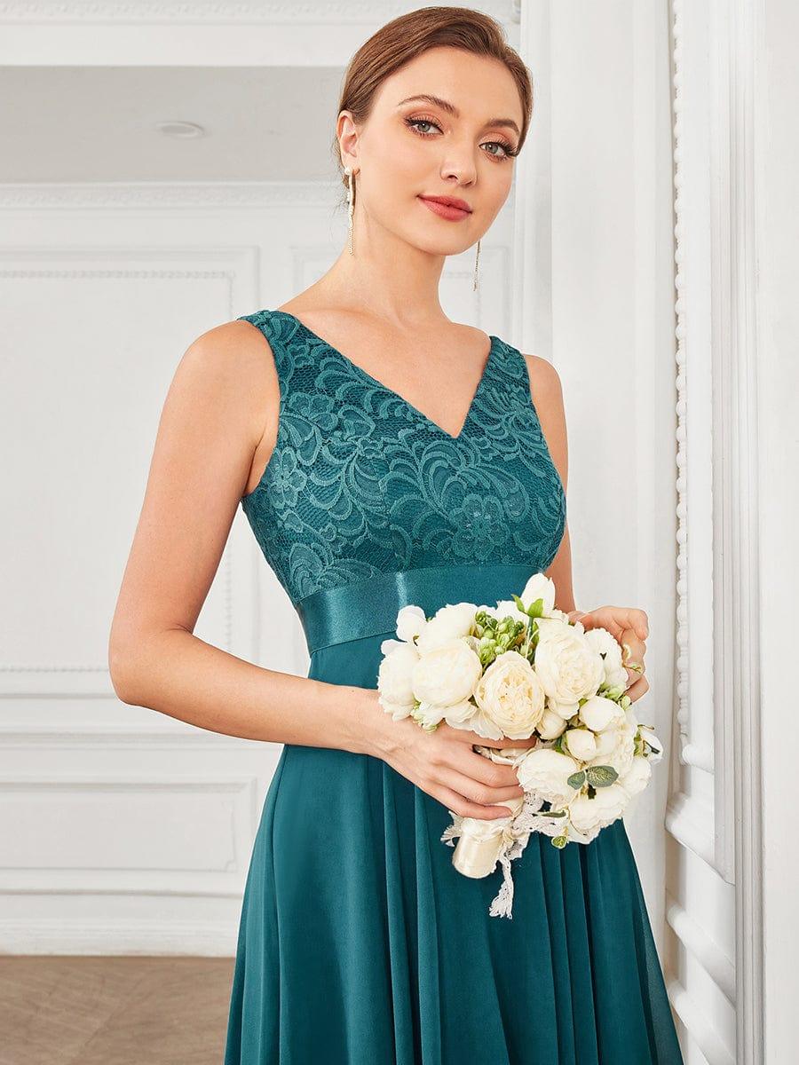 Custom Size Stunning V Neck Lace Chiffon Bridesmaid Dress #color_Teal