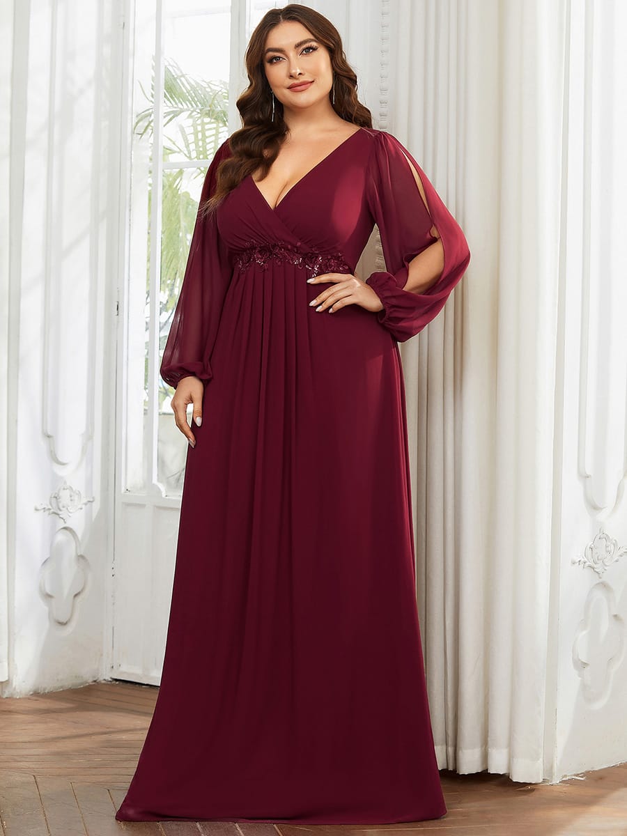 Lantern Long Slit Sleeve Deep V Applique Maxi Evening Dress #color_Burgundy