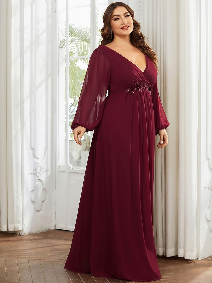 Lantern Long Slit Sleeve Deep V Applique Maxi Evening Dress #color_Burgundy
