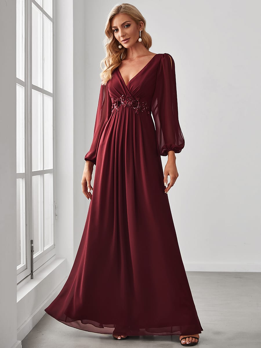Lantern Long Slit Sleeve Deep V Applique Maxi Evening Dress #color_Burgundy
