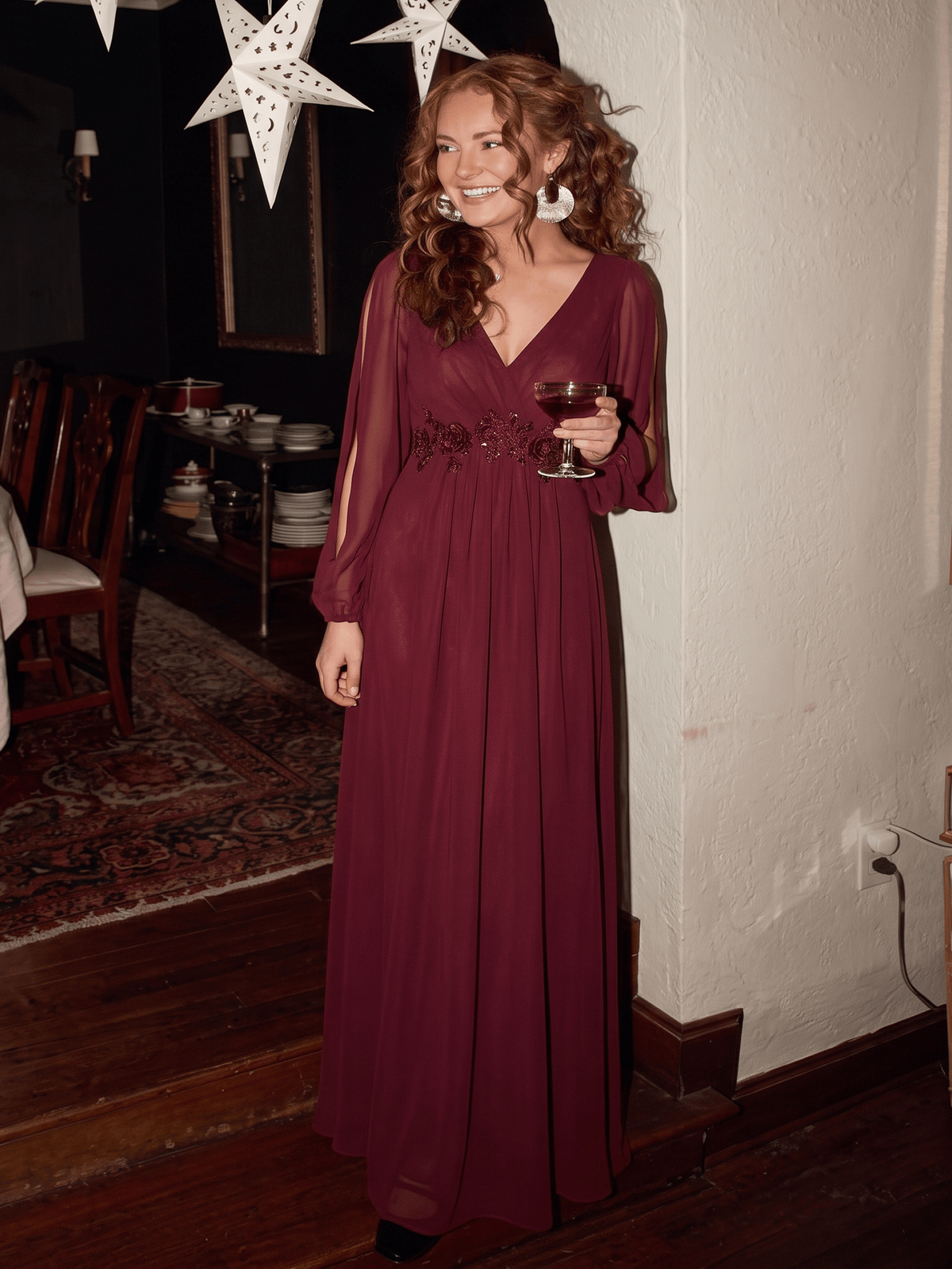 Lantern Long Slit Sleeve Deep V Applique Maxi Evening Dress #color_Burgundy
