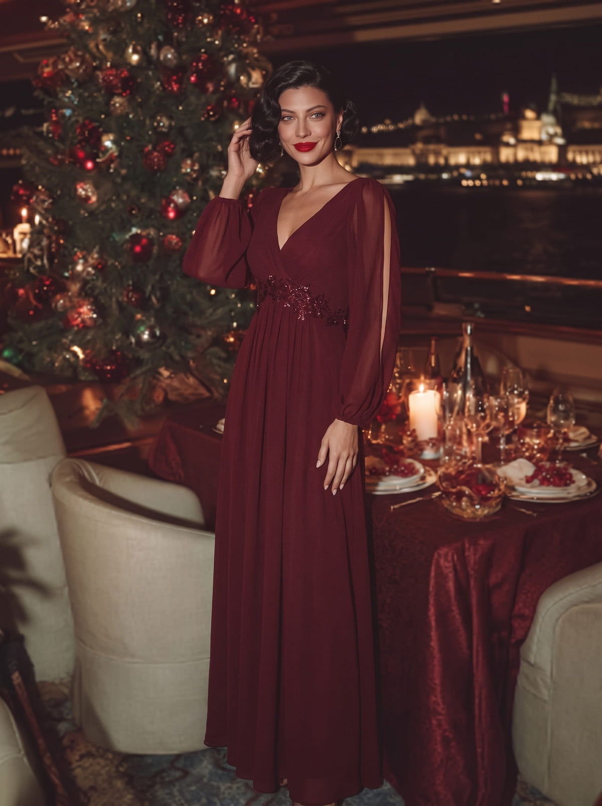 Lantern Long Slit Sleeve Deep V Applique Maxi Evening Dress #color_Burgundy