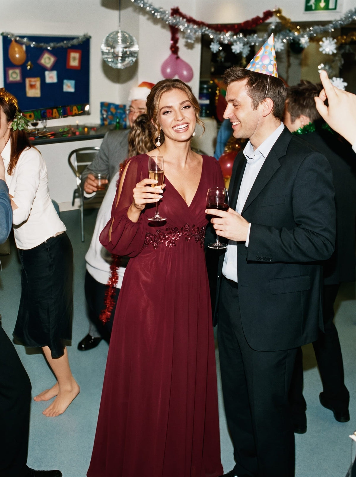 Lantern Long Slit Sleeve Deep V Applique Maxi Evening Dress #color_Burgundy