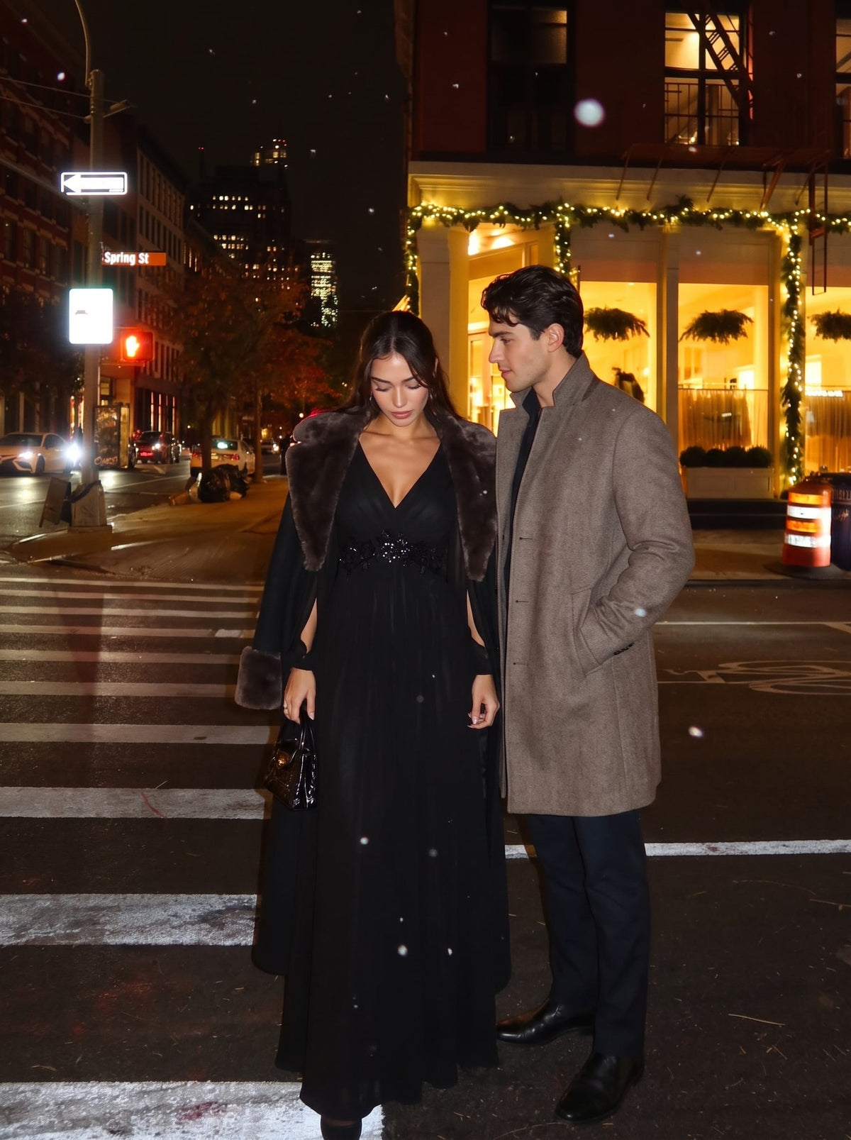 Lantern Long Slit Sleeve Deep V Applique Maxi Evening Dress #color_Black