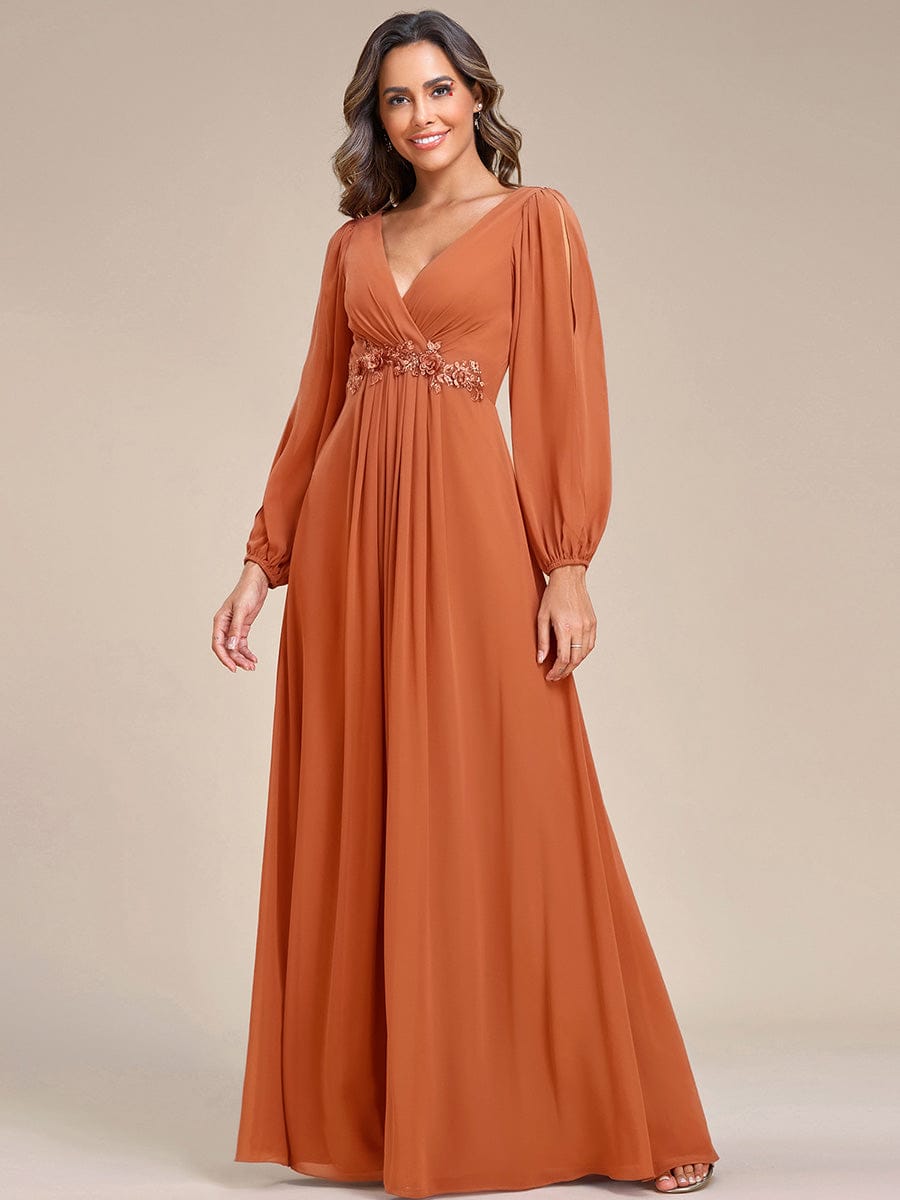 Lantern Long Slit Sleeve Deep V Applique Maxi Evening Dress #color_Brandied Melon