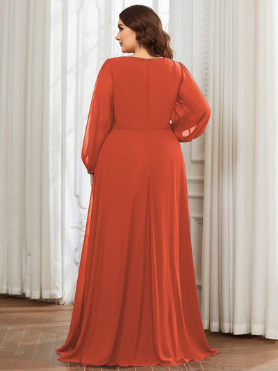 Stylish Chiffon Plus Size Evening Dresses with Long Lantern Sleeves #color_Burnt Orange