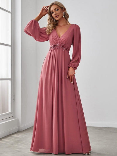 ever AMOUR|Lantern Long Slit Sleeve Deep V Applique Maxi Evening Dress (Final Sale)