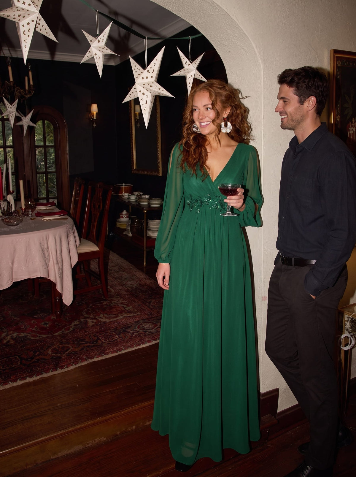 Lantern Long Slit Sleeve Deep V Applique Maxi Evening Dress #color_Dark Green