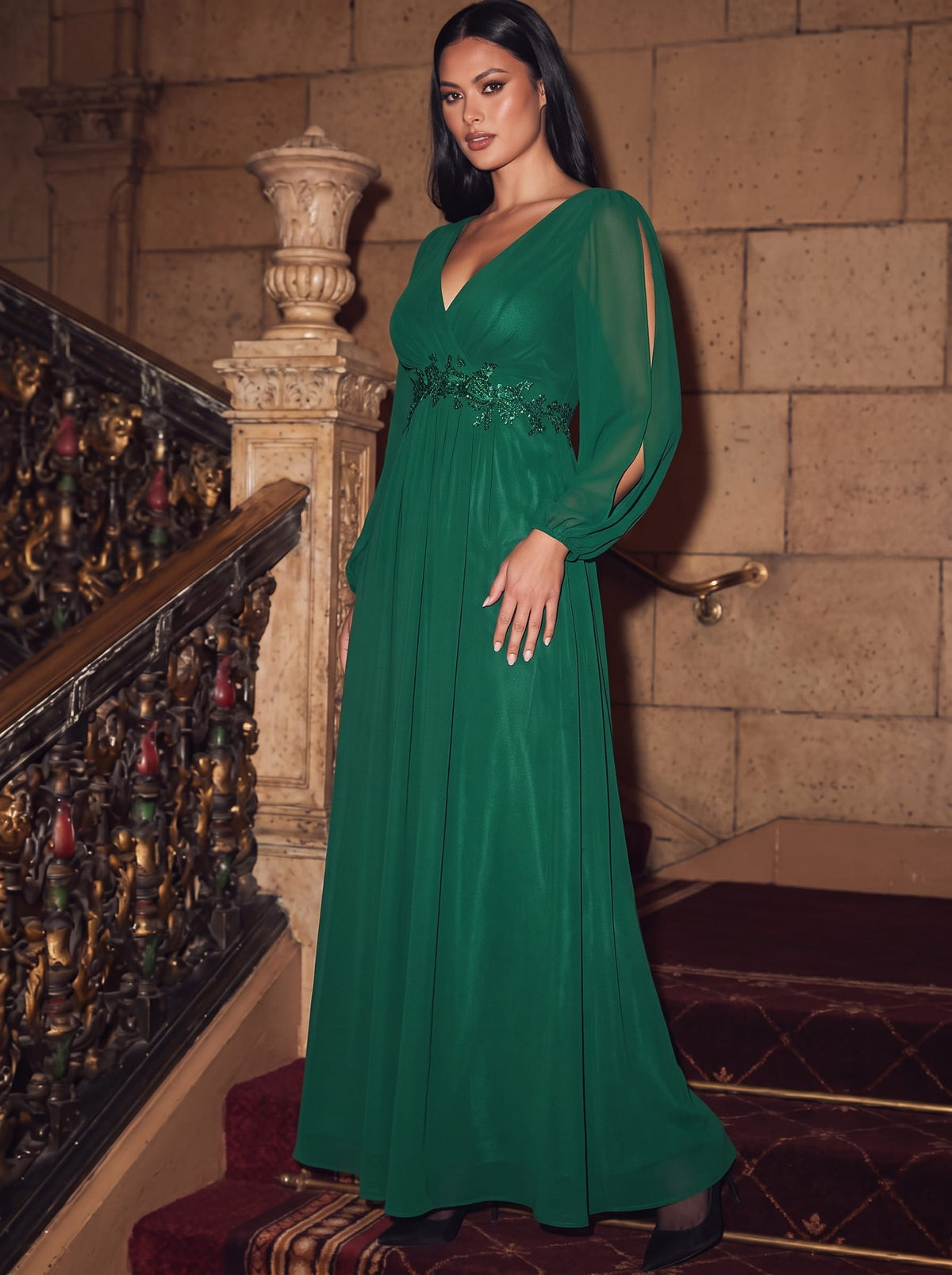 Lantern Long Slit Sleeve Deep V Applique Maxi Evening Dress #color_Dark Green