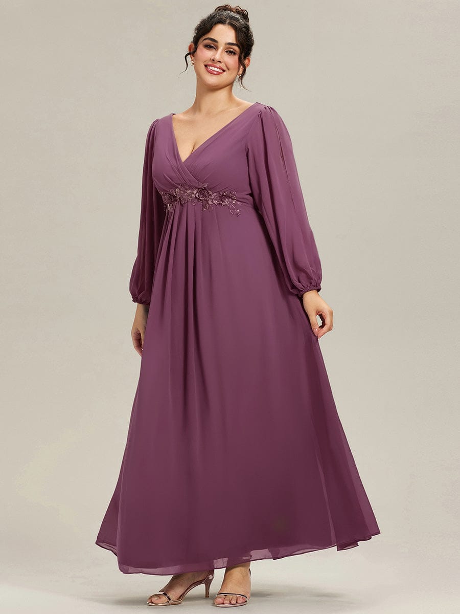 Lantern Long Slit Sleeve Deep V Applique Maxi Evening Dress #color_Damson