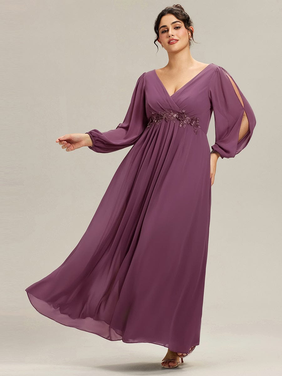 Lantern Long Slit Sleeve Deep V Applique Maxi Evening Dress #color_Damson