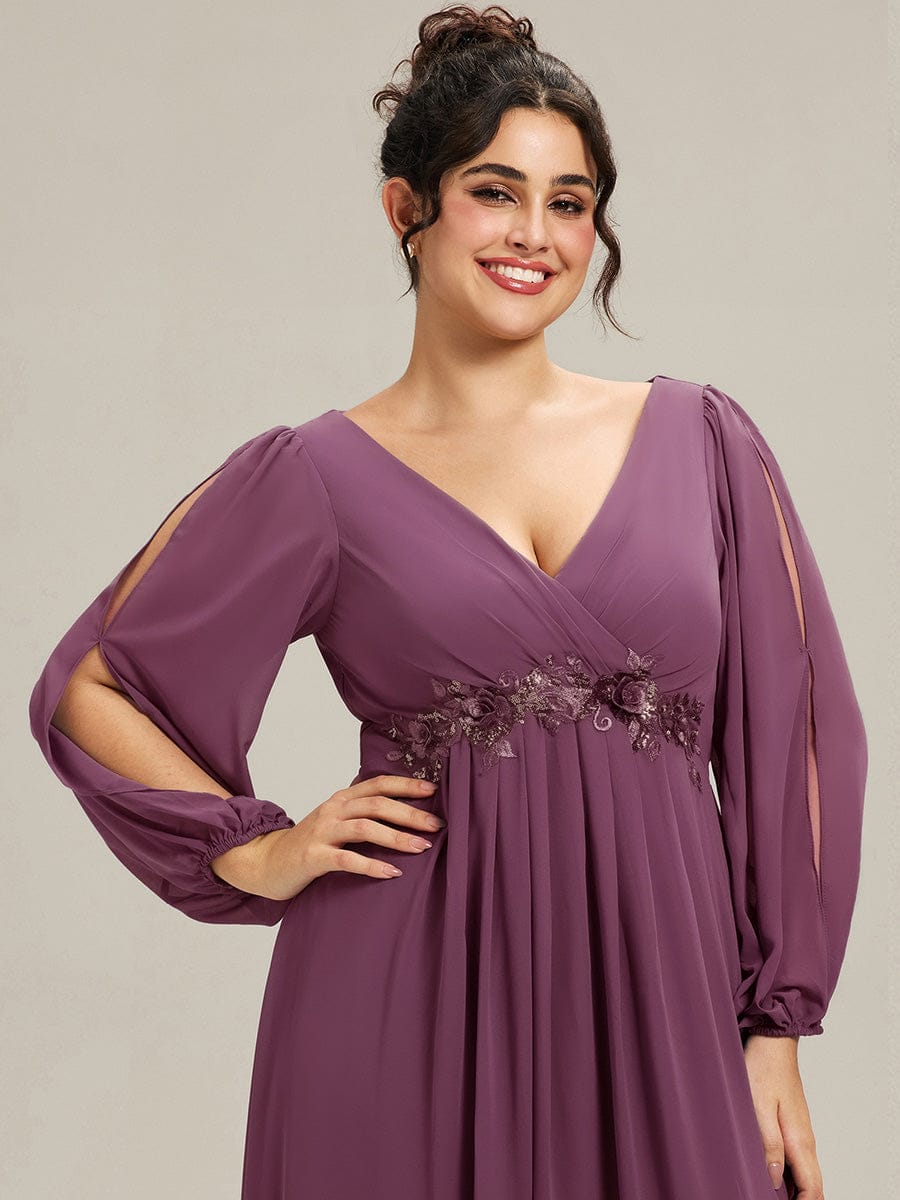 Lantern Long Slit Sleeve Deep V Applique Maxi Evening Dress #color_Damson