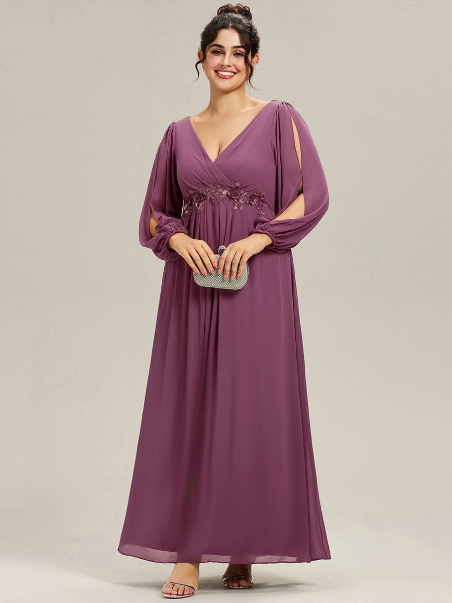 Lantern Long Slit Sleeve Deep V Applique Maxi Evening Dress #color_Damson