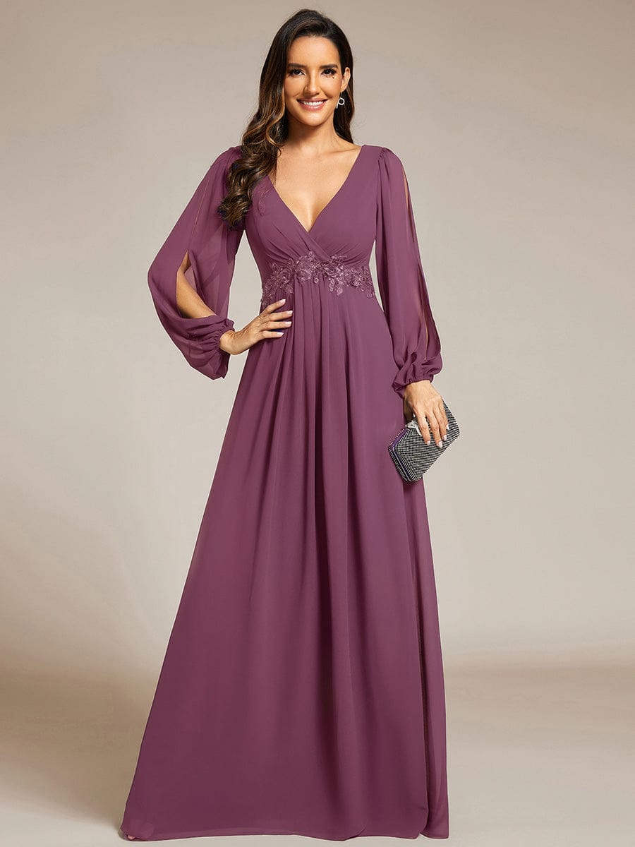 Lantern Long Slit Sleeve Deep V Applique Maxi Evening Dress #color_Damson