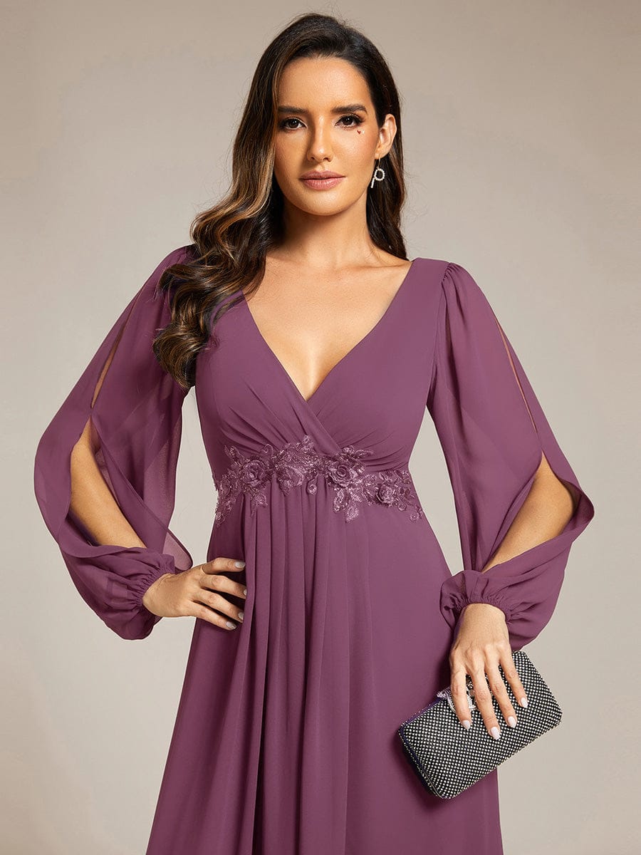 Lantern Long Slit Sleeve Deep V Applique Maxi Evening Dress #color_Damson