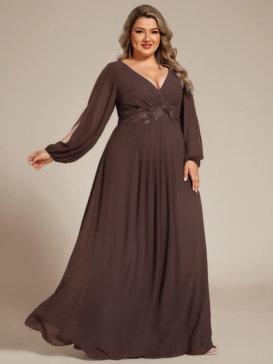 Lantern Long Slit Sleeve Deep V Applique Maxi Evening Dress #color_Espresso