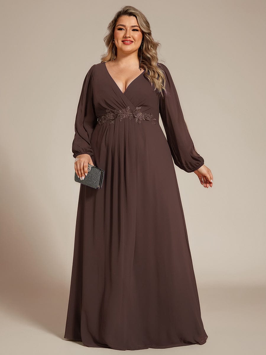 Lantern Long Slit Sleeve Deep V Applique Maxi Evening Dress #color_Espresso