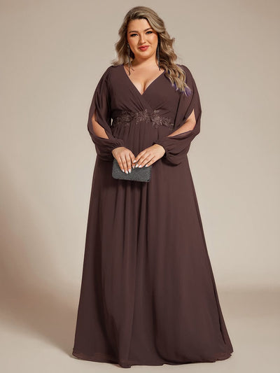 Lantern Long Slit Sleeve Deep V Applique Maxi Evening Dress #color_Espresso