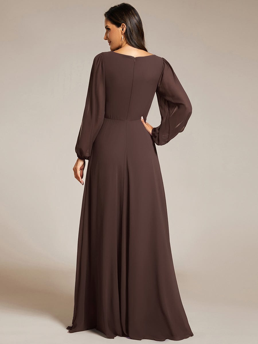 Lantern Long Slit Sleeve Deep V Applique Maxi Evening Dress #color_Espresso