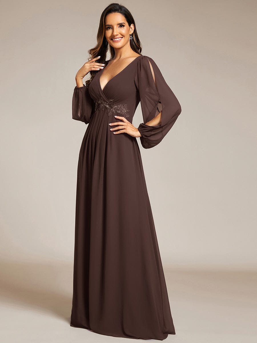 Lantern Long Slit Sleeve Deep V Applique Maxi Evening Dress #color_Espresso