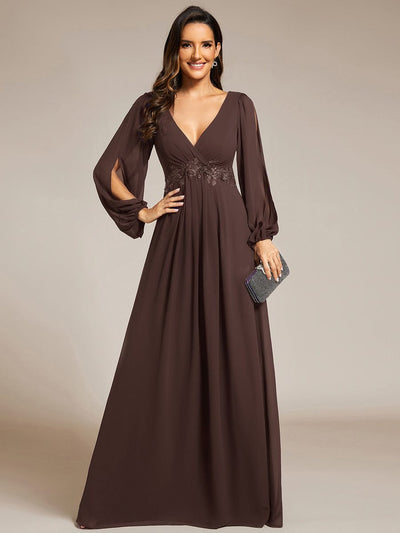 Lantern Long Slit Sleeve Deep V Applique Maxi Evening Dress #color_Espresso